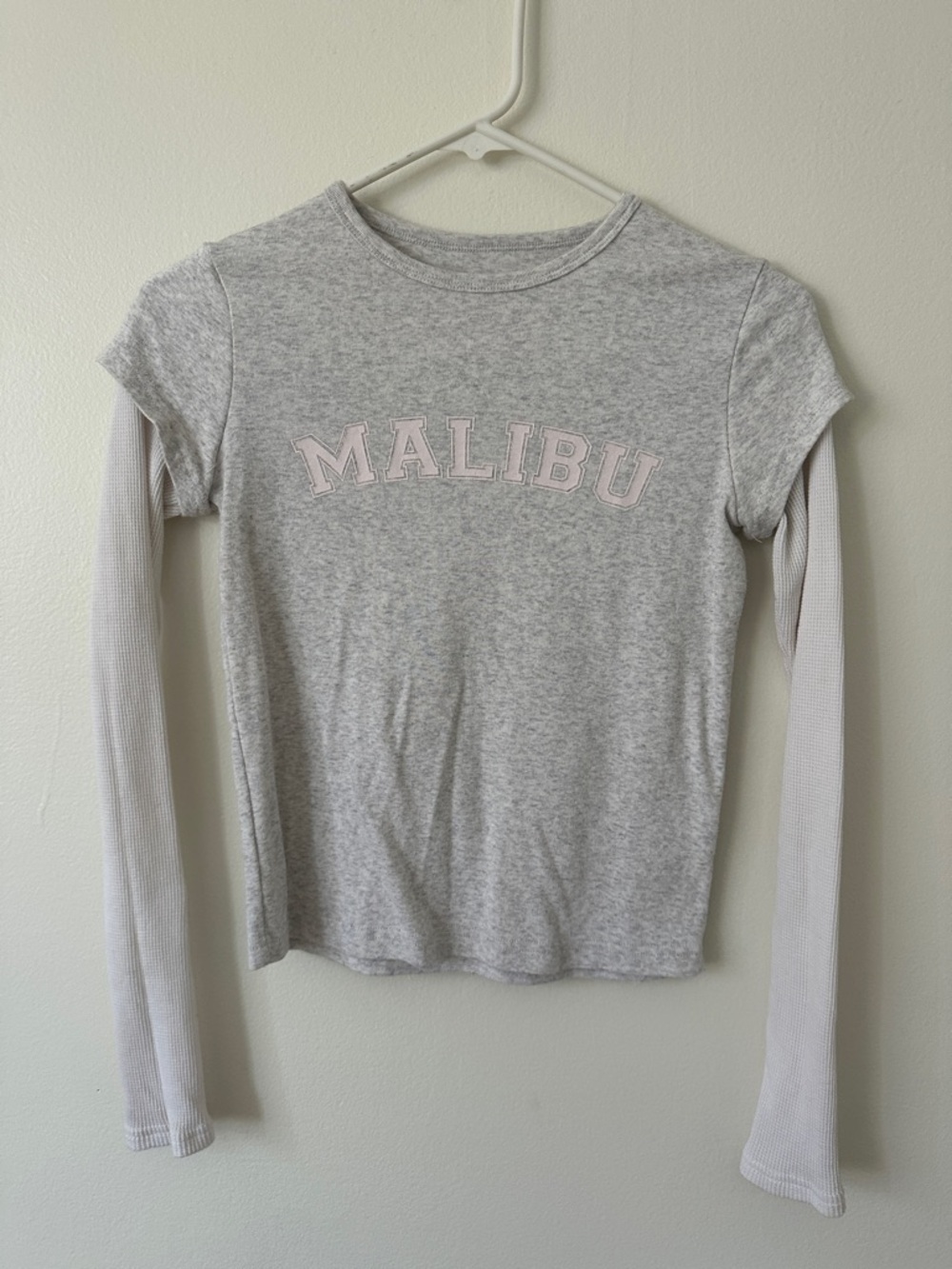 Harlow Light Gray Layered-Look Long Sleeve Tee with Pink Malibu Graphic